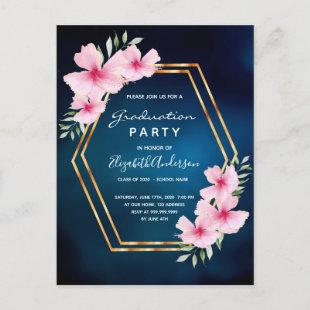 Graduation party blue pink florals invitation postcard
