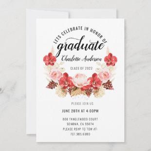 Graduation Party Blush Pink Red Watercolor Floral  Invitation
