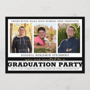 Graduation Party Bold Stripes 4 Photo Black White Invitation