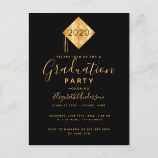 Graduation party cap black gold 2024 invitation postcard