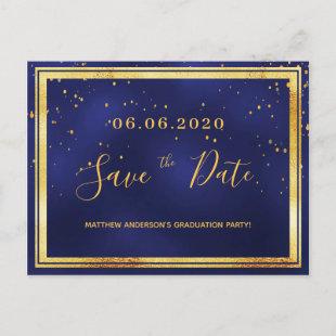 Graduation Party dark blue gold save the date Postcard