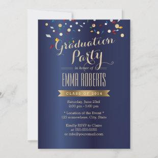 Graduation Party Elegant Navy Blue Confetti Invitation