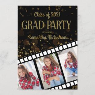 Graduation Party Filmstrip Black Gold 3 Photos Invitation