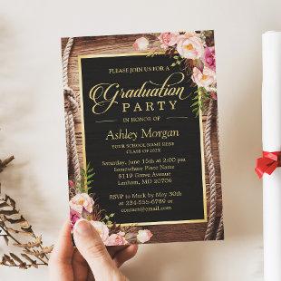 Graduation Party Floral Rustic Country Wooden Invitation