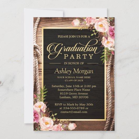 Graduation Party Floral Rustic Country Wooden Invitation