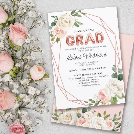 Graduation Party Girly Blush Pink Floral Invitation
