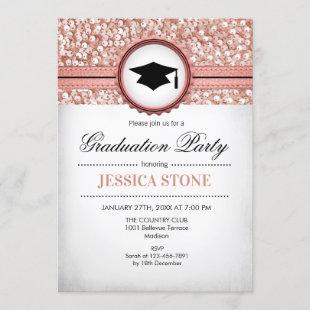 Graduation Party - Glitter Rose Gold White Invitation