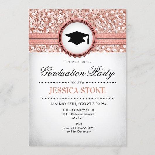 Graduation Party - Glitter Rose Gold White Invitation