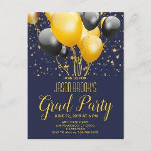 Graduation Party Gold  Black Balloons On Black Announcement Postcard