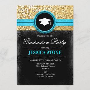 Graduation Party - Gold Black Turquoise Invitation