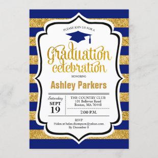 Graduation Party - Gold Navy Blue Stripes Invitation