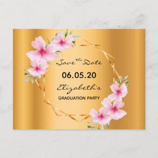 Graduation party gold pink florals geometric postcard