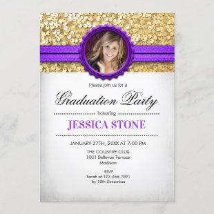 Graduation Party - Gold White Purple - Photo Invitation