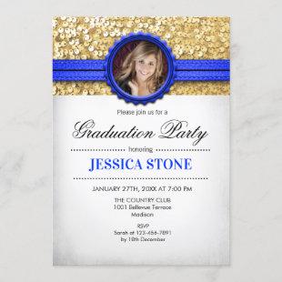 Graduation Party - Gold White Royal Blue - Photo Invitation