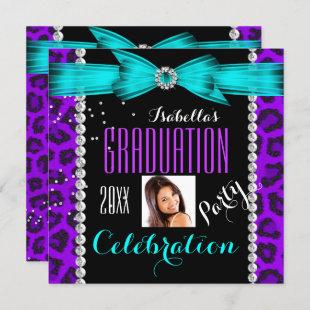 Graduation Party Grad Purple Teal Blue Leopard Invitation
