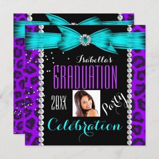 Graduation Party Grad Purple Teal Blue Leopard Invitation