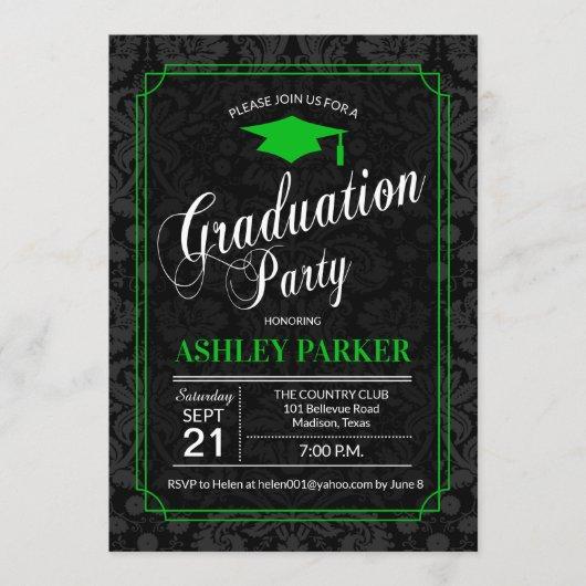 Graduation Party - Green Black White Damask Invitation