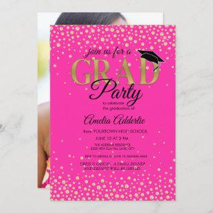 Graduation Party Hot Pink Black Gold Glitter Photo Invitation