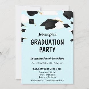 Graduation party invitation clouds caps blue black