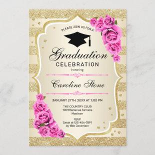 Graduation Party Invitation - Gold Pink Roses