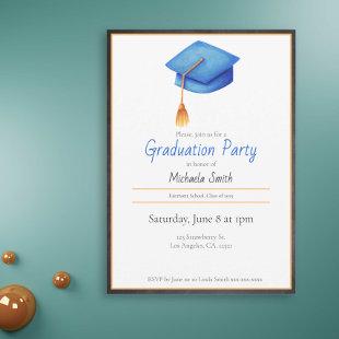 Graduation party invitation with a blue cap