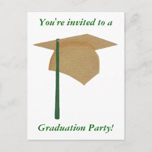 Graduation Party Invitations, Gold and Green Cap Invitation Postcard