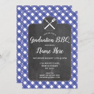 Graduation Party Invite Blue Gingham BBQ Chalk