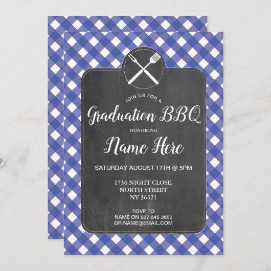 Graduation Party Invite Blue Gingham BBQ Chalk