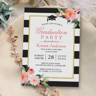 Graduation Party Modern Floral Black Stripes Invitation