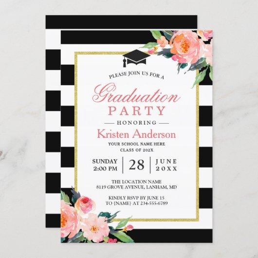 Graduation Party Modern Floral Black Stripes Invitation