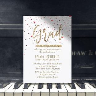 Graduation Party Modern Gold Script Red Confetti Invitation