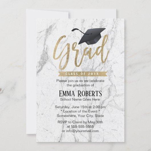 Graduation Party Modern Gold Script White Marble Invitation