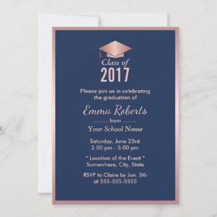 Graduation Party Modern Rose Gold & Navy Blue Invitation