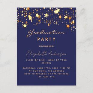Graduation party navy blue gold stars  invitation postcard
