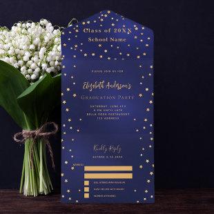 Graduation party navy blue gold stars RSVP All In One Invitation