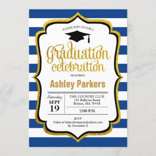Graduation Party - Navy Blue Gold White Invitation