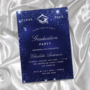 Graduation party navy blue sparkles invitation postcard