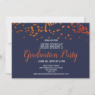 Graduation Party Orange Gold Confetti Black Invitation