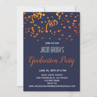Graduation Party Orange Gold Confetti On Black Invitation