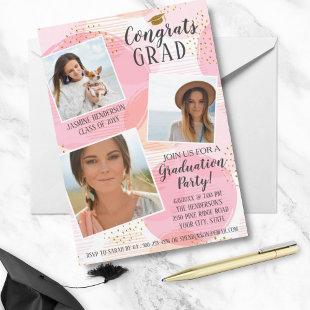 Graduation Party Photo Collage Blush Pink Gold Dot Invitation