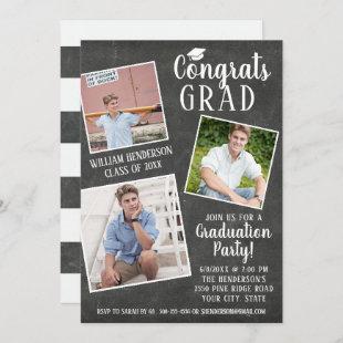 Graduation Party Photo Collage Chalkboard Stripes Invitation