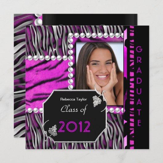 Graduation Party Pink Black Silver Leopard Zebra Invitation