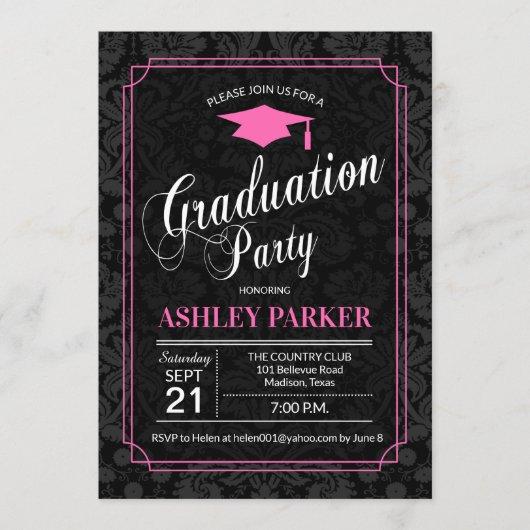 Graduation Party - Pink Black White Damask Invitation