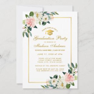 Graduation Party Pink Floral Gold Invitation