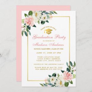 Graduation Party Pink Floral Gold Invitation Pk