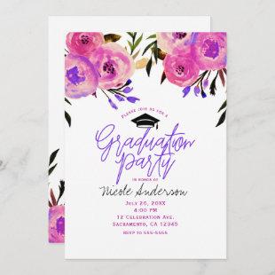 Graduation Party Pink Purple Bright Modern Floral Invitation