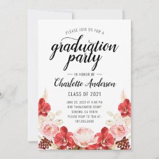Graduation Party Pink Red Watercolor Floral Invitation