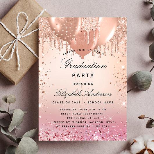 Graduation party pink rose gold balloons luxury invitation