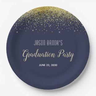 Graduation Party Platinum Gold Confetti Black  Inv Paper Plates
