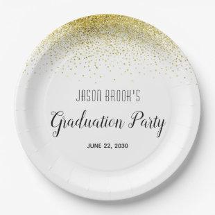 Graduation Party Platinum Gold Confetti On White Paper Plates